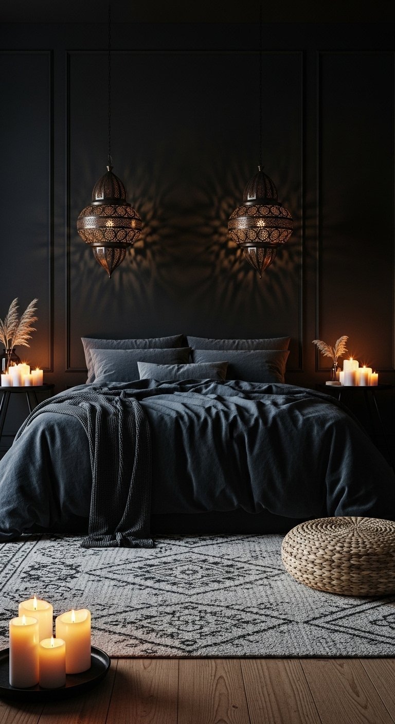 Chambre boheme sombre et chic avec lanternes marocaines