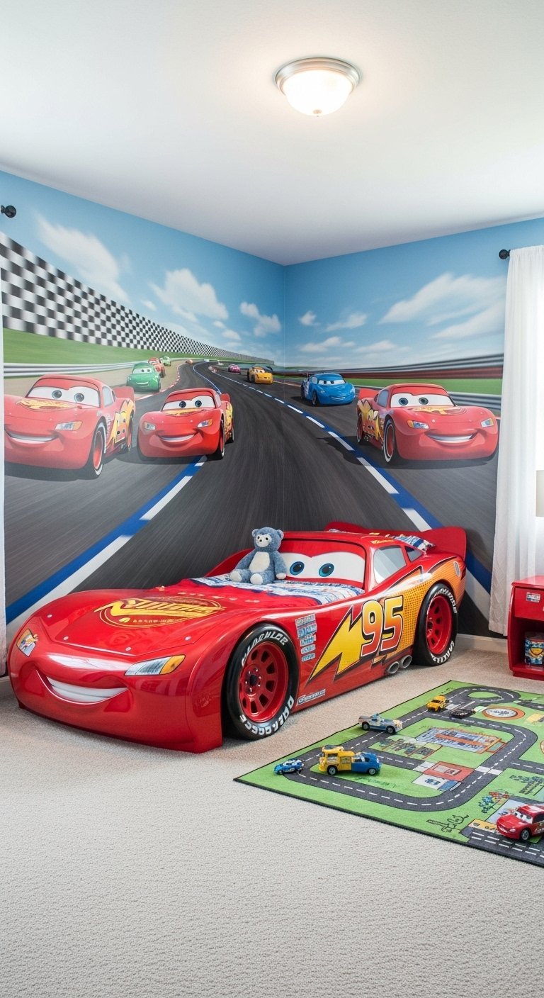 Chambre de garçon sur le thème du film Cars avec un lit en forme de voiture de course