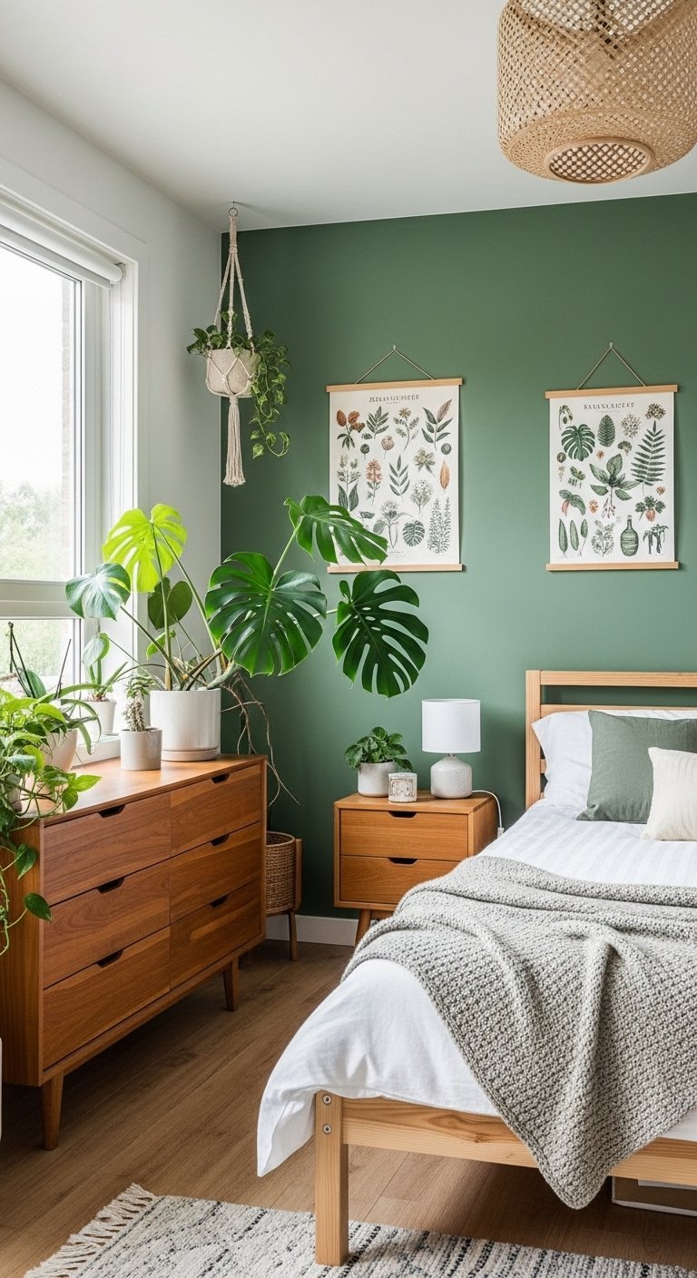 Chambre de style bohème avec mur vert et commode en bois de teck