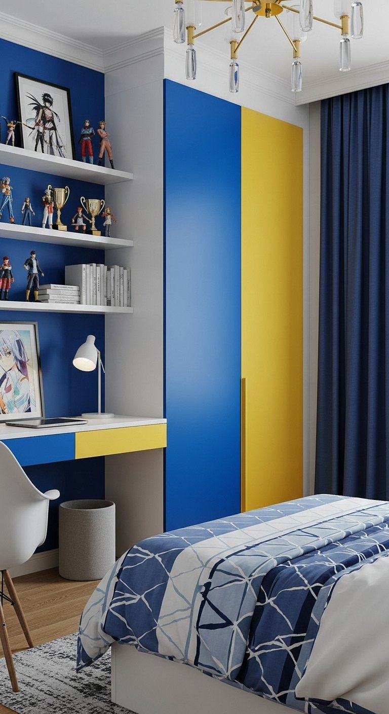 Chambre garcon moderne avec bureau integre bleu et jaune