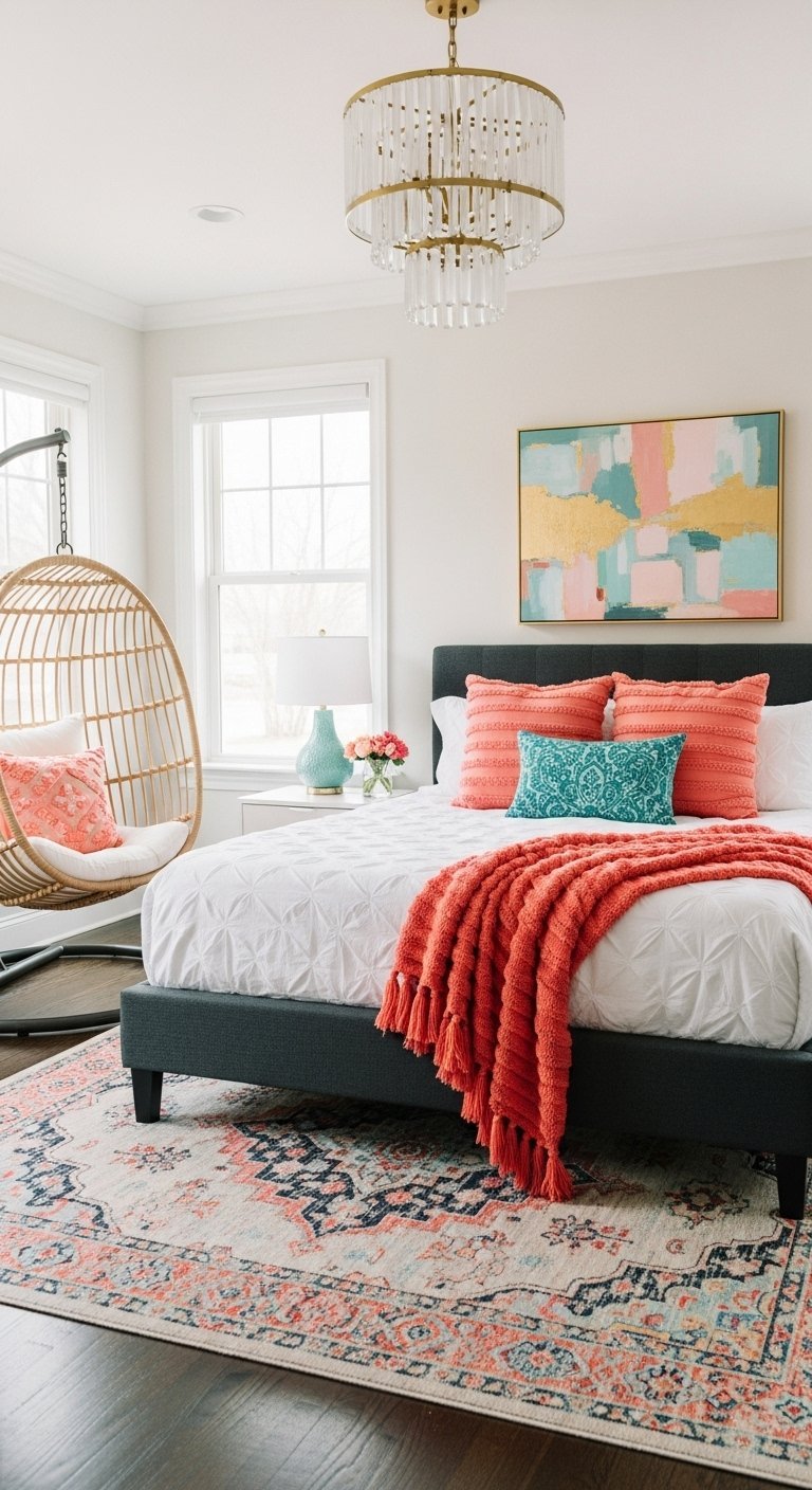 Chambre lumineuse avec fauteuil suspendu en rotin et literie corail