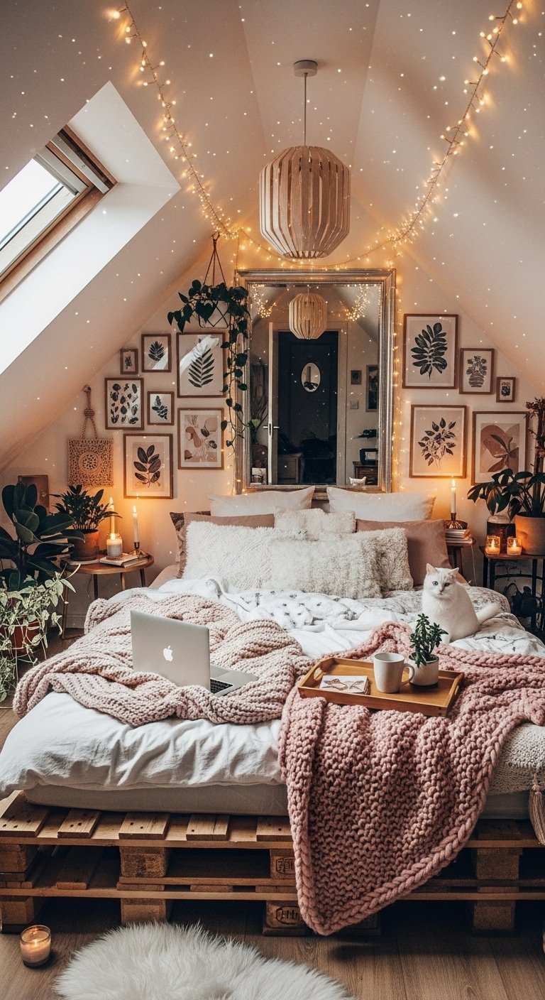 Chambre mansardée avec lit sur palette et mur de cadres botaniques