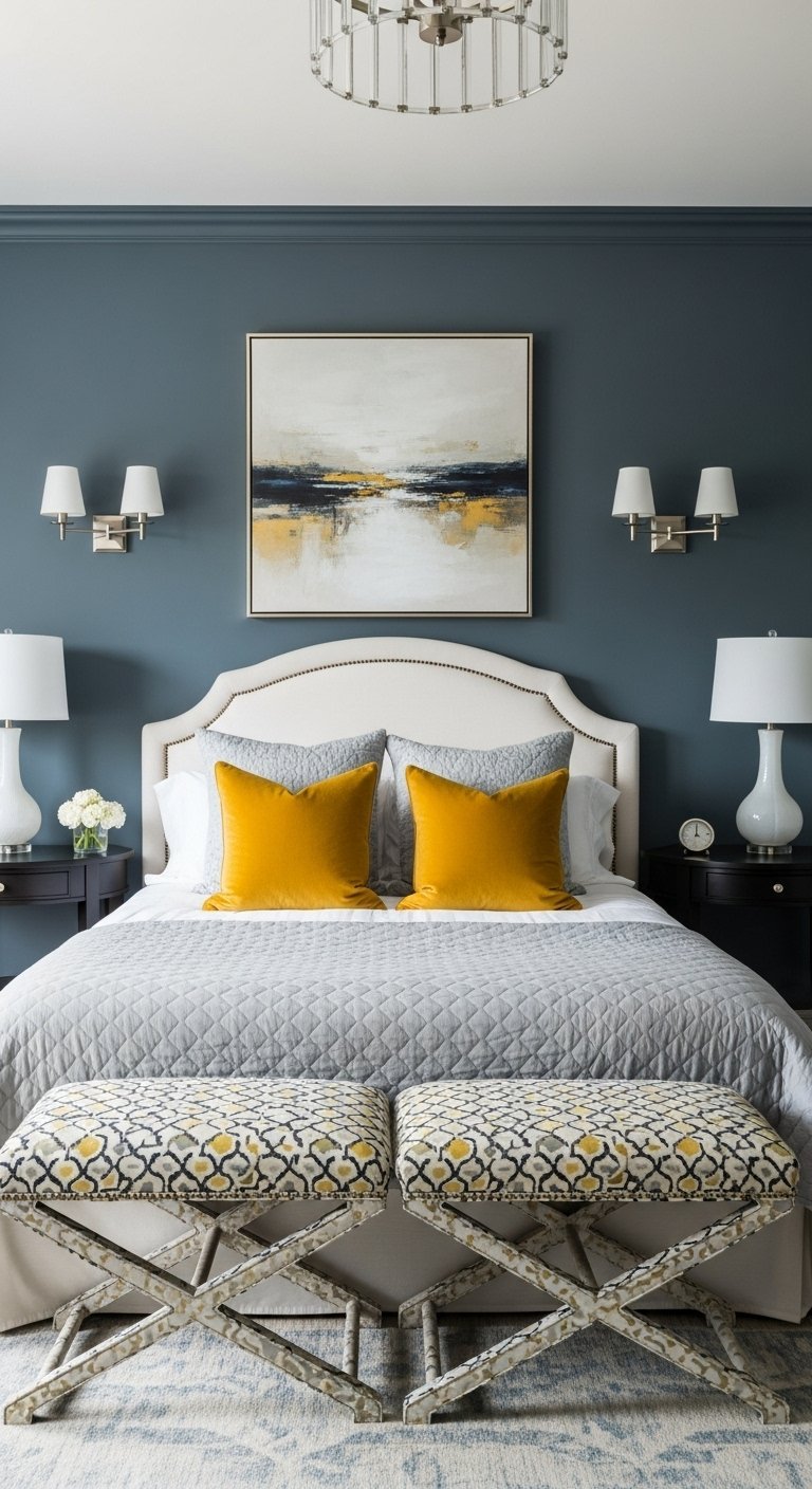 Chambre moderne avec mur bleu canard et coussins jaune moutarde
