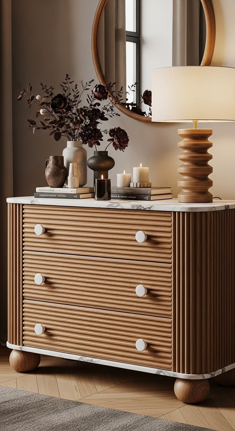 Commode design en bois cannelé avec plateau effet marbre et poignées blanches