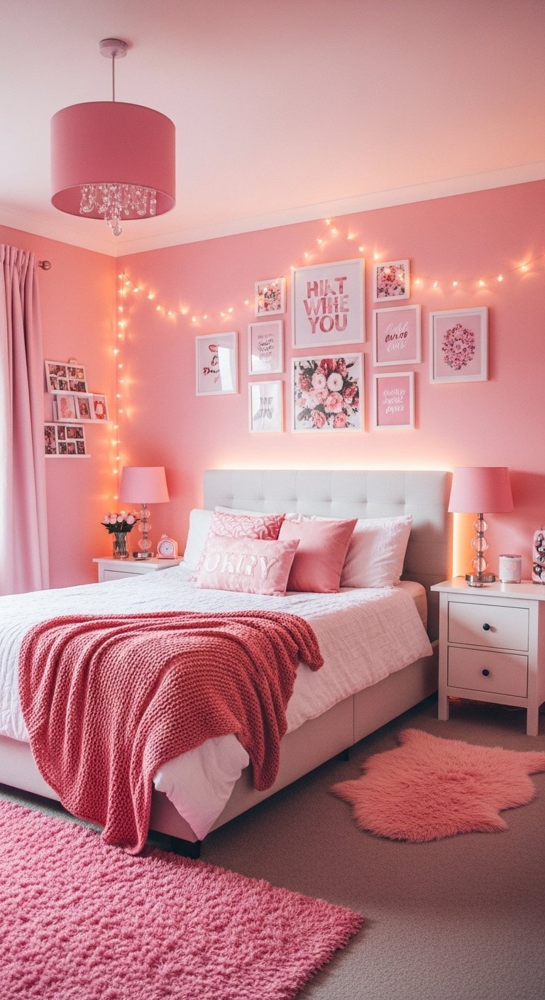 Décoration chambre femme entièrement rose avec mur de galerie et guirlandes lumineuses