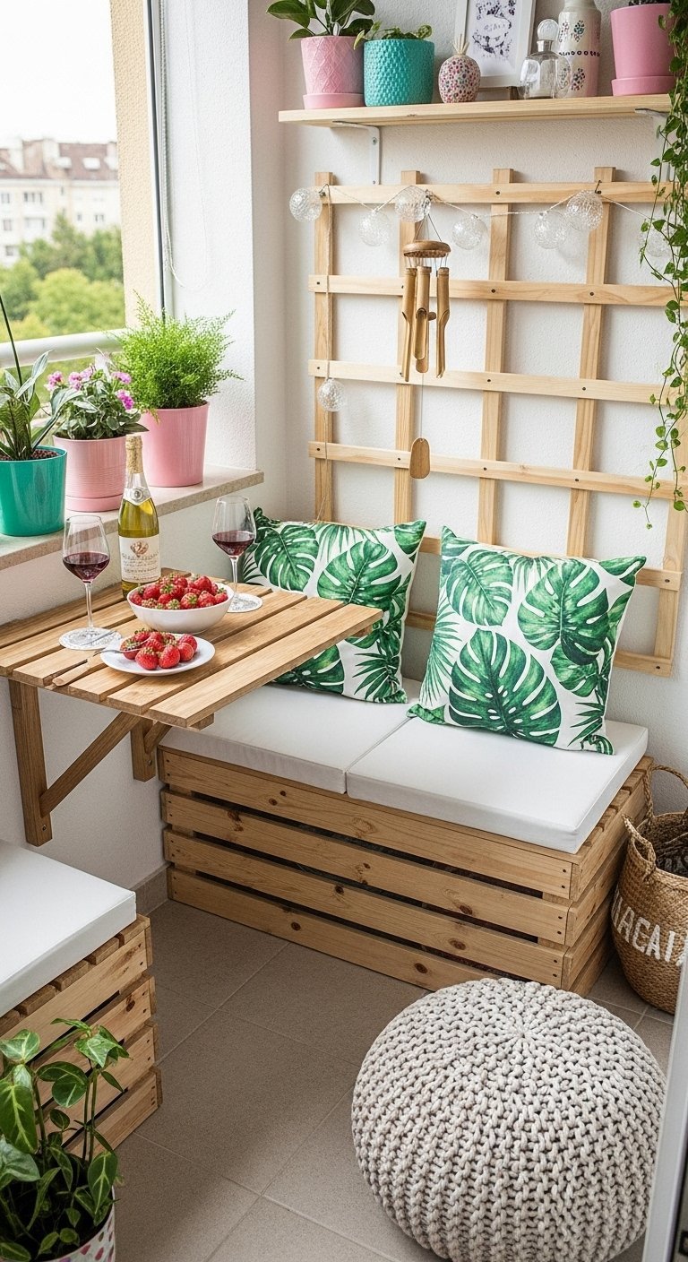 Decoration petit balcon style DIY avec banquette en caisses de bois et coussins monstera
