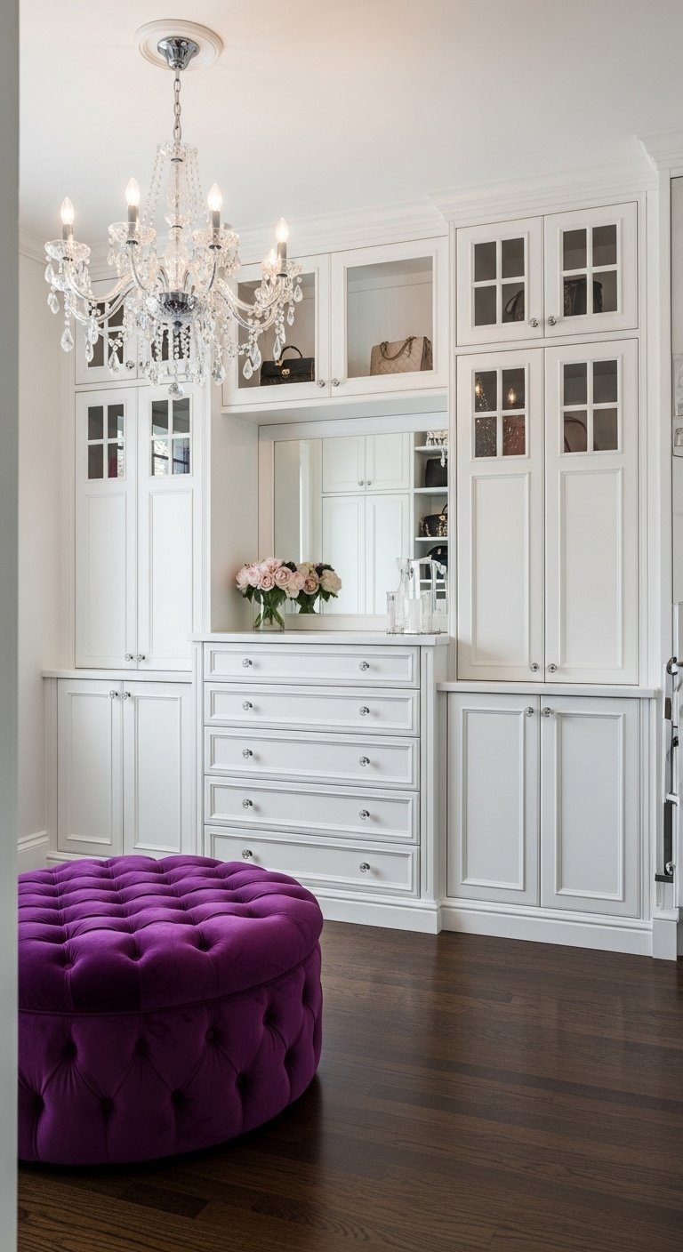 Dressing blanc avec grand pouf capitonné en velours violet au centre