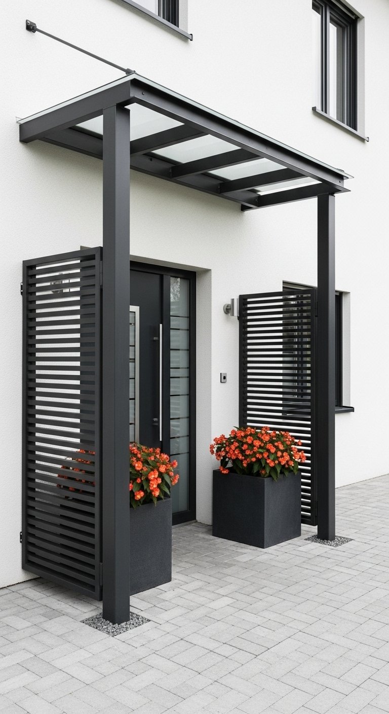 Entree de maison exterieure avec mur en brique et porte en bois cintree