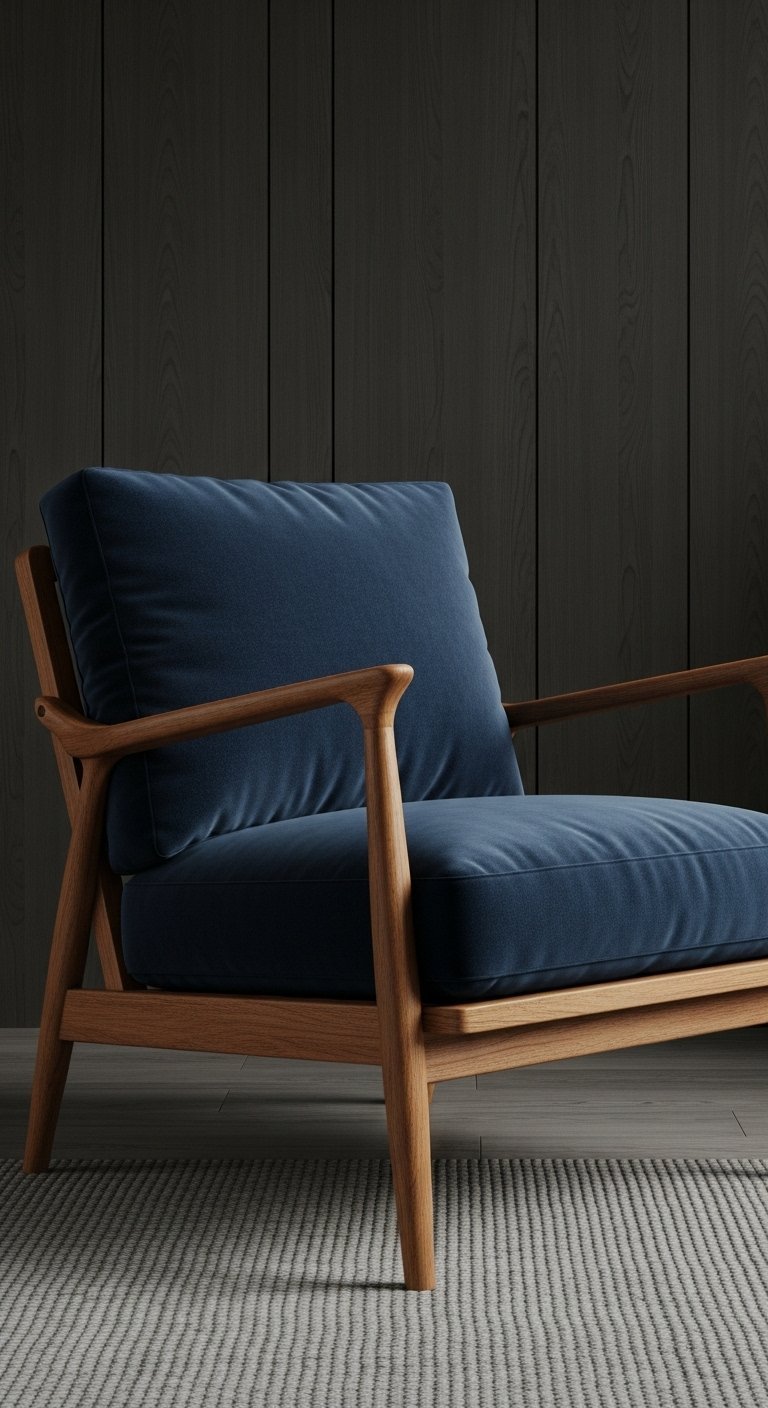 Fauteuil design en velours bleu marine avec une structure apparente en bois de chêne