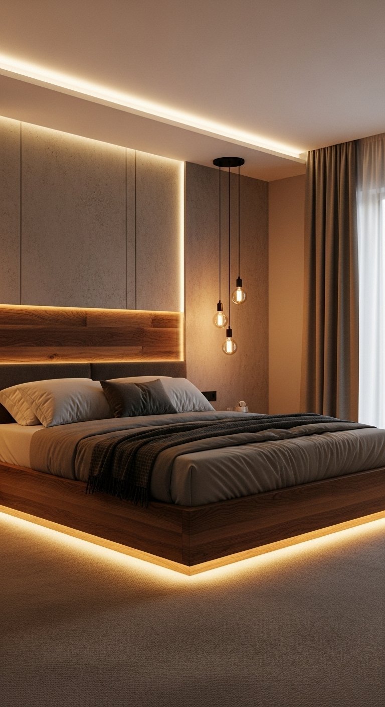 Lit en bois flottant avec éclairage LED indirect jaune