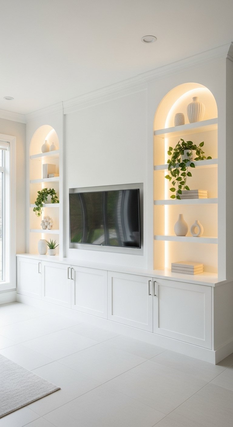 Mur TV blanc intégré avec bibliothèques en arche et éclairage LED