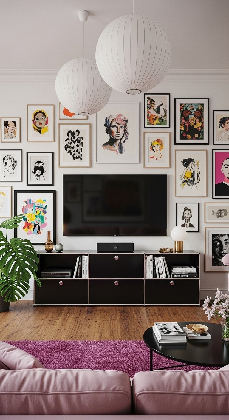 Mur galerie d art coloré autour d une télévision sur un meuble de rangement noir.