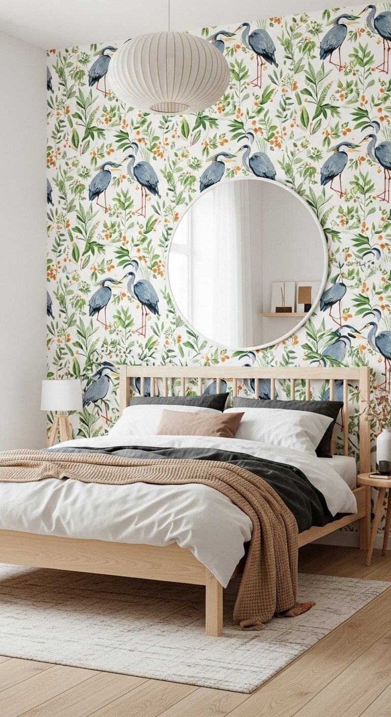 Papier peint a motif herons et feuillage dans une chambre avec lit en bois clair
