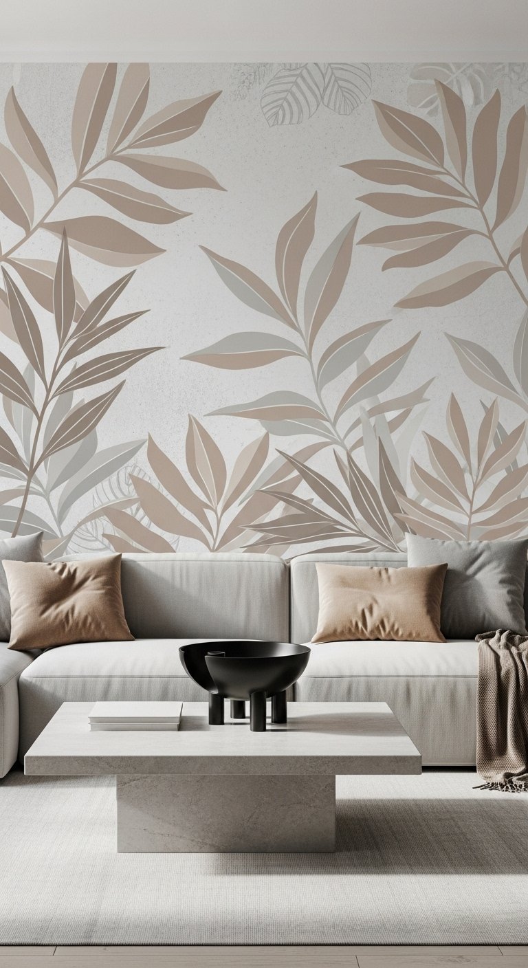 Papier peint panoramique avec motifs de feuilles beiges et grises dans un salon moderne