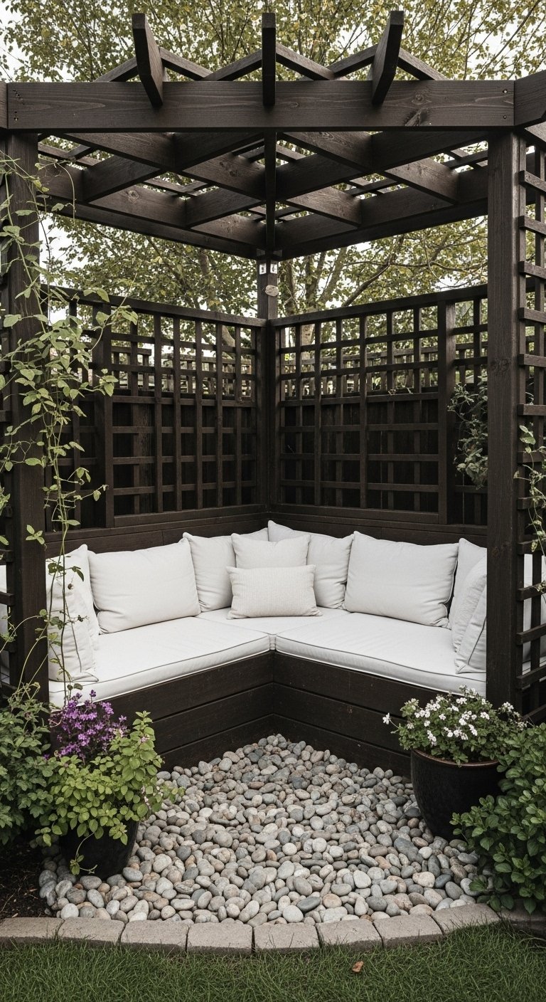 Pergola d angle en bois foncé avec treillis et banquette blanche intégrée