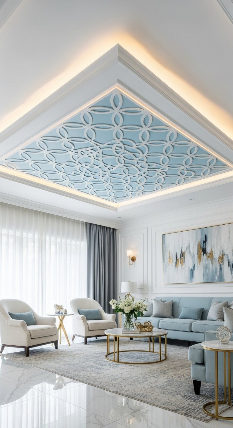 Plafond blanc avec un panneau central bleu à motifs et éclairage périphérique