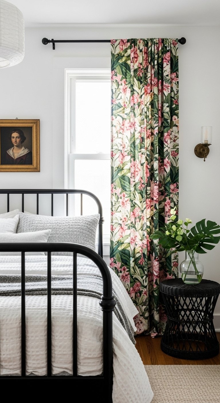 Rideau a motif tropical luxuriant a cote d un lit en metal noir