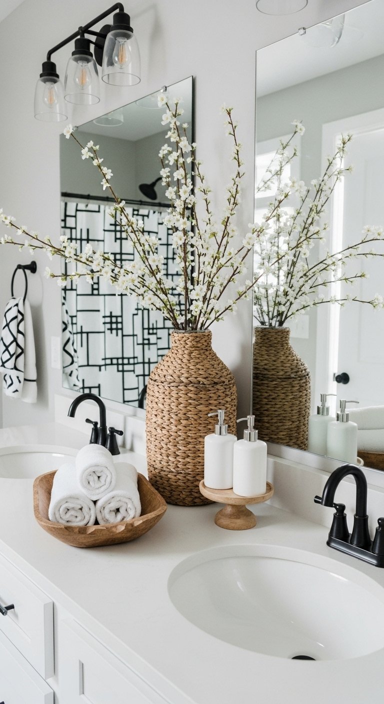 Salle de bain avec double vasque blanche et robinetterie noire