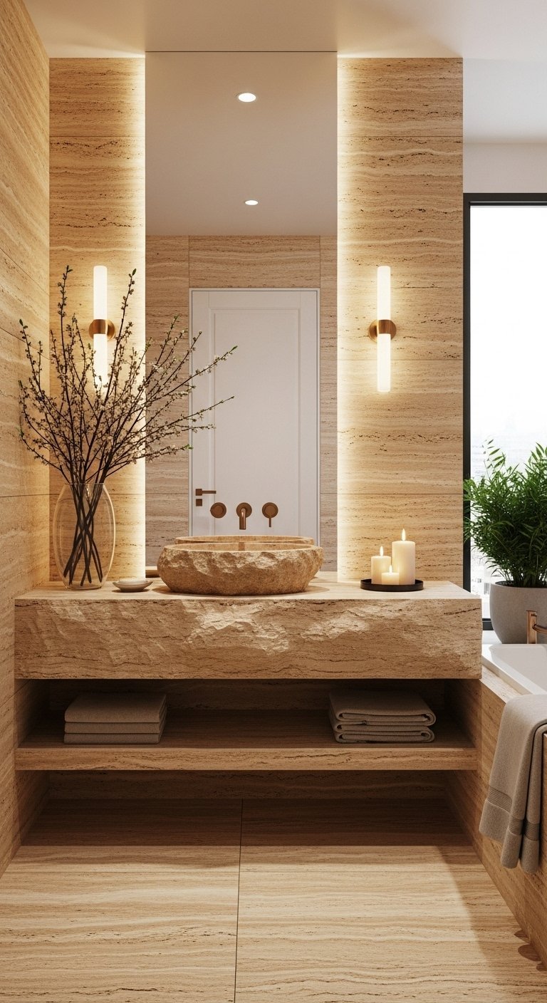 Salle de bain entièrement en travertin avec vasque en pierre brute