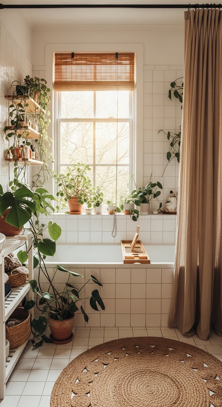 Salle de bain lumineuse remplie de plantes vertes autour d une baignoire
