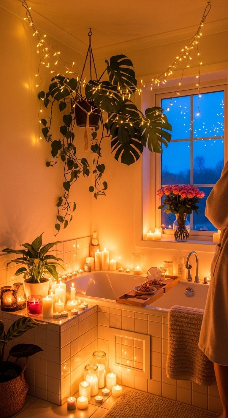 Salle de bain nature ambiance spa avec bougies et guirlandes