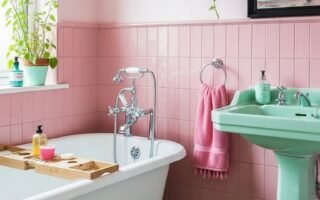 Salle de bain vintage avec murs roses et sanitaires vert menthe