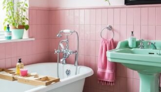 Salle de bain vintage avec murs roses et sanitaires vert menthe