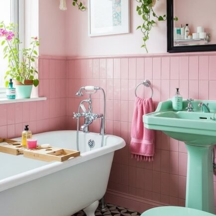 Salle de bain vintage avec murs roses et sanitaires vert menthe