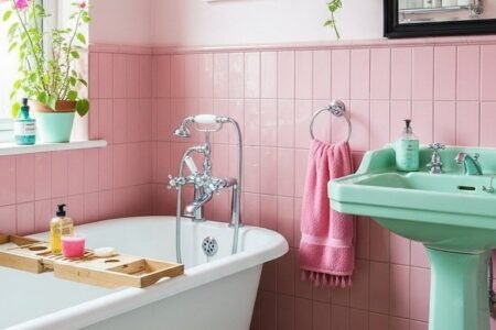 Salle de bain vintage avec murs roses et sanitaires vert menthe