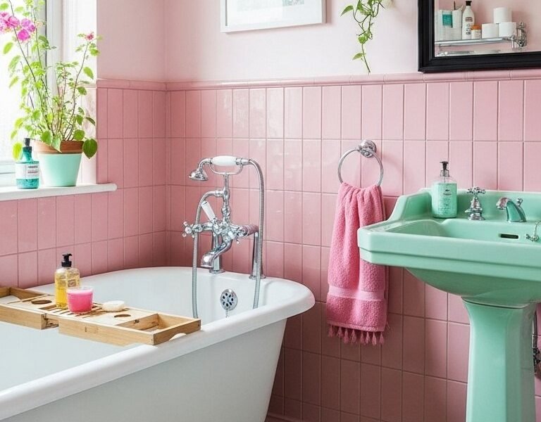 Salle de bain vintage avec murs roses et sanitaires vert menthe