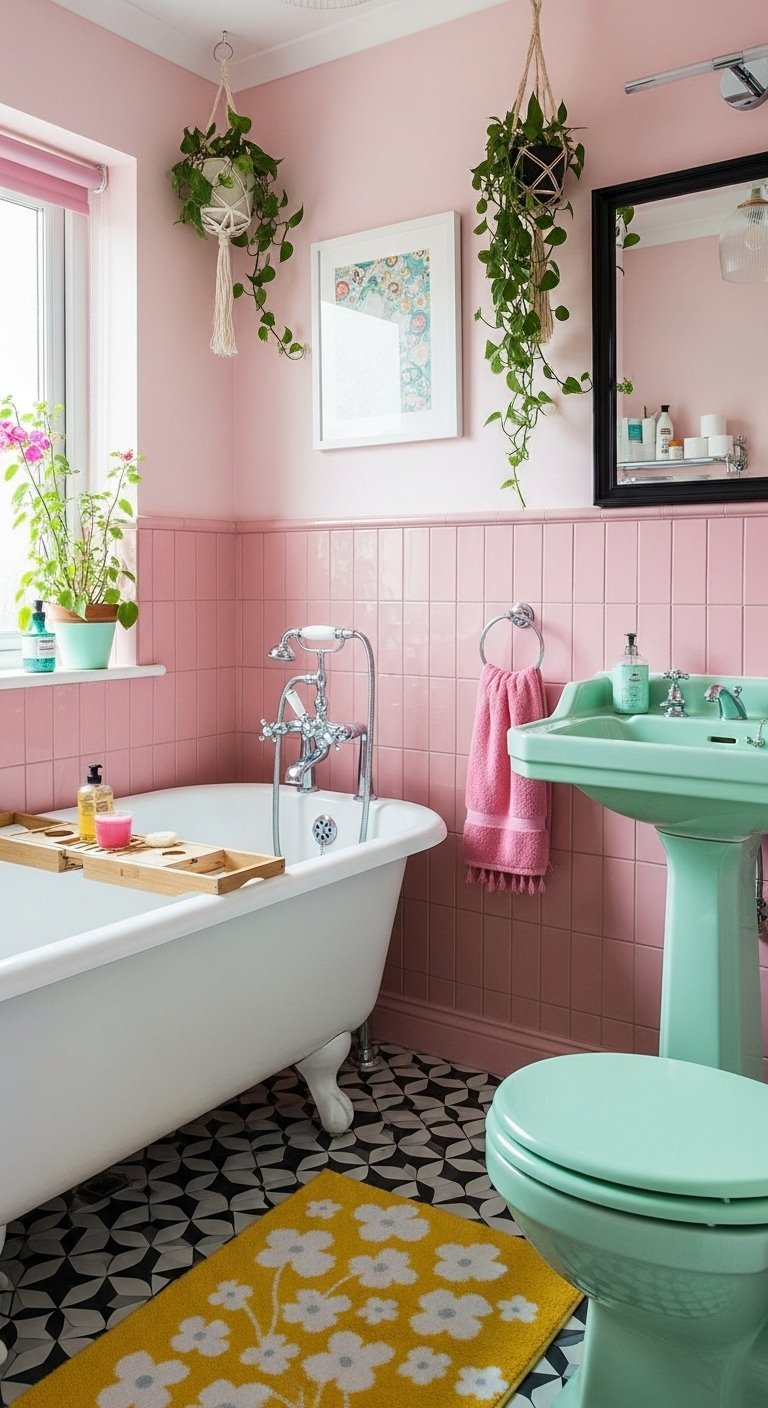 Salle de bain vintage avec murs roses et sanitaires vert menthe