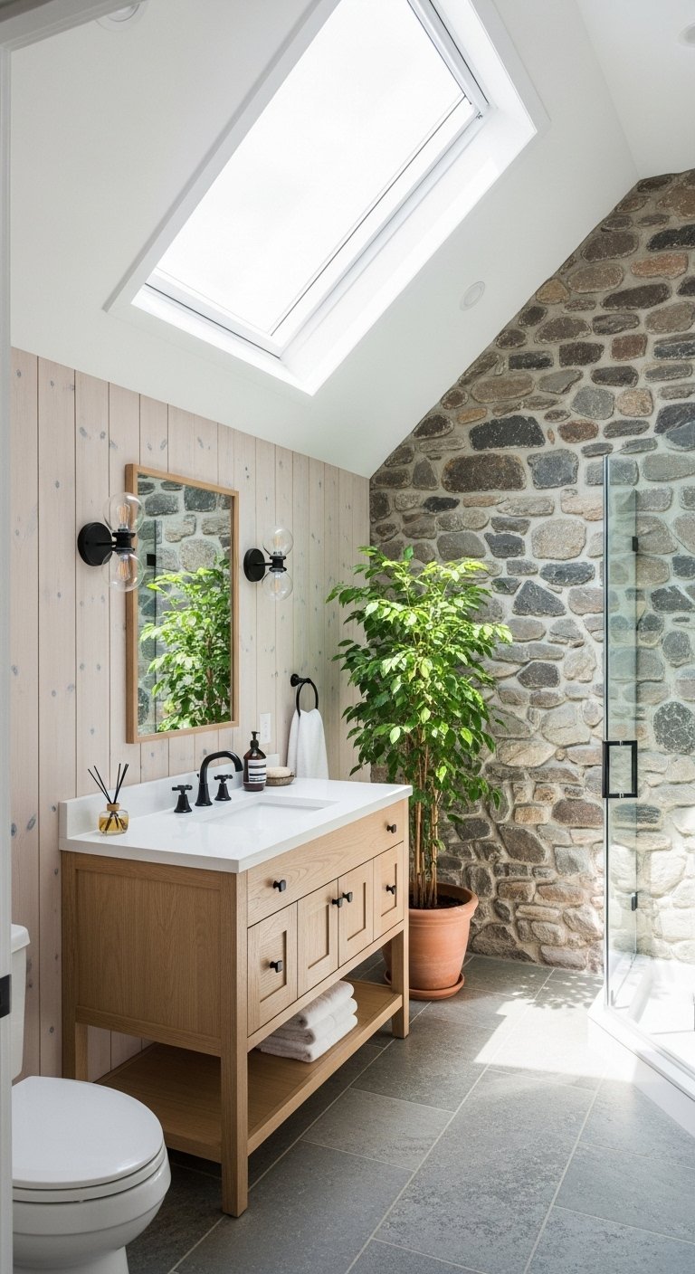 Salle de bains lumineuse avec mur en pierre meuble en bois et lambris bois clair