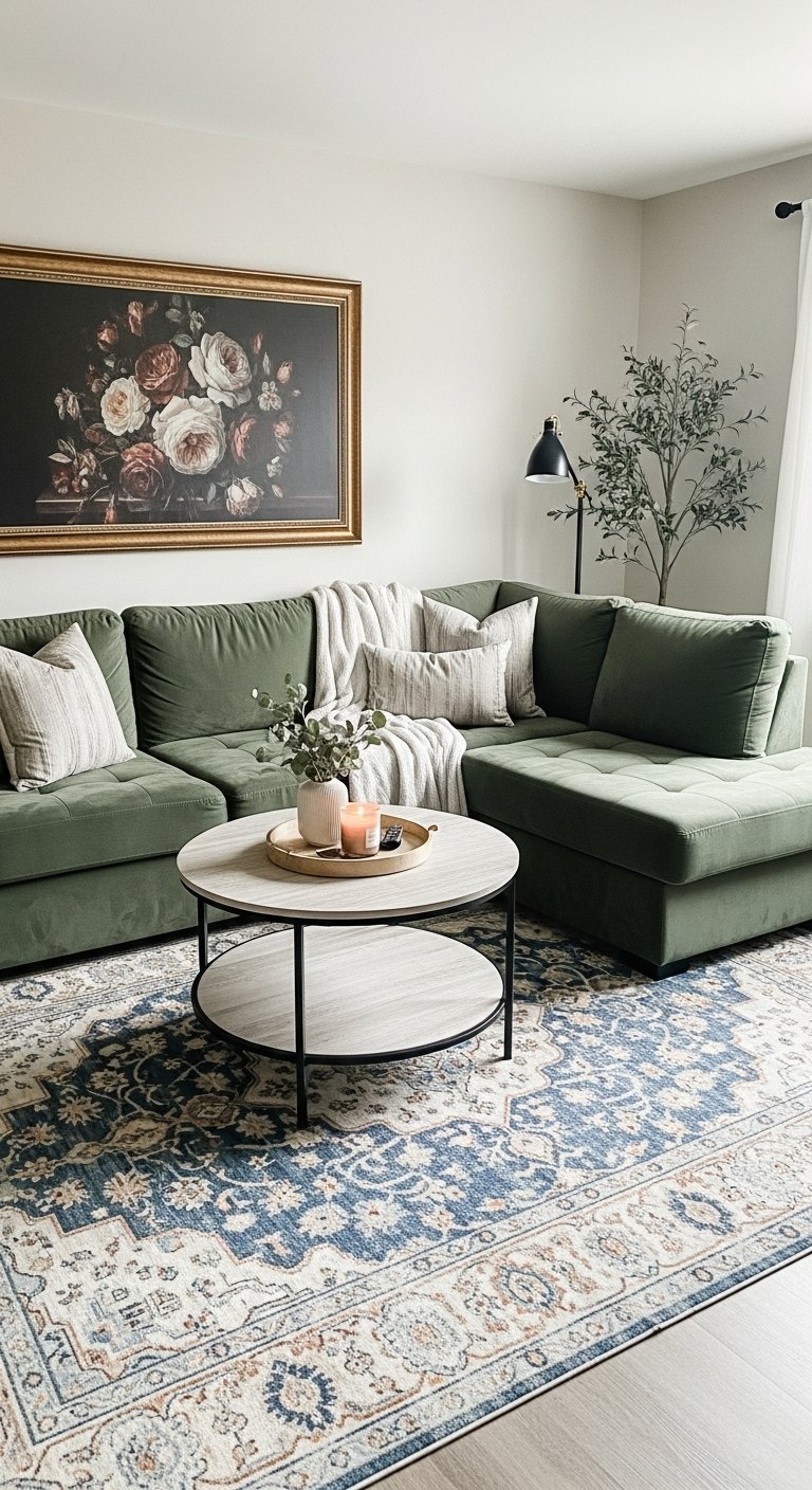 Salon avec grand canapé d angle vert et un tapis bleu à motifs
