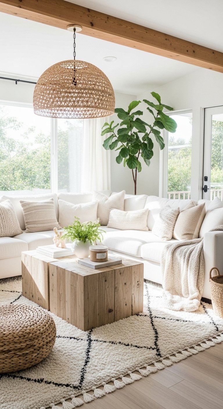 Salon boheme beige clair avec tables basses en bois brut et suspension rotin