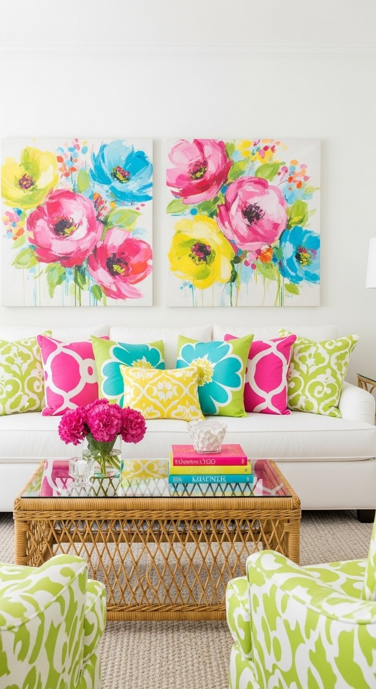Salon colore avec canape blanc et coussins vifs roses et jaunes