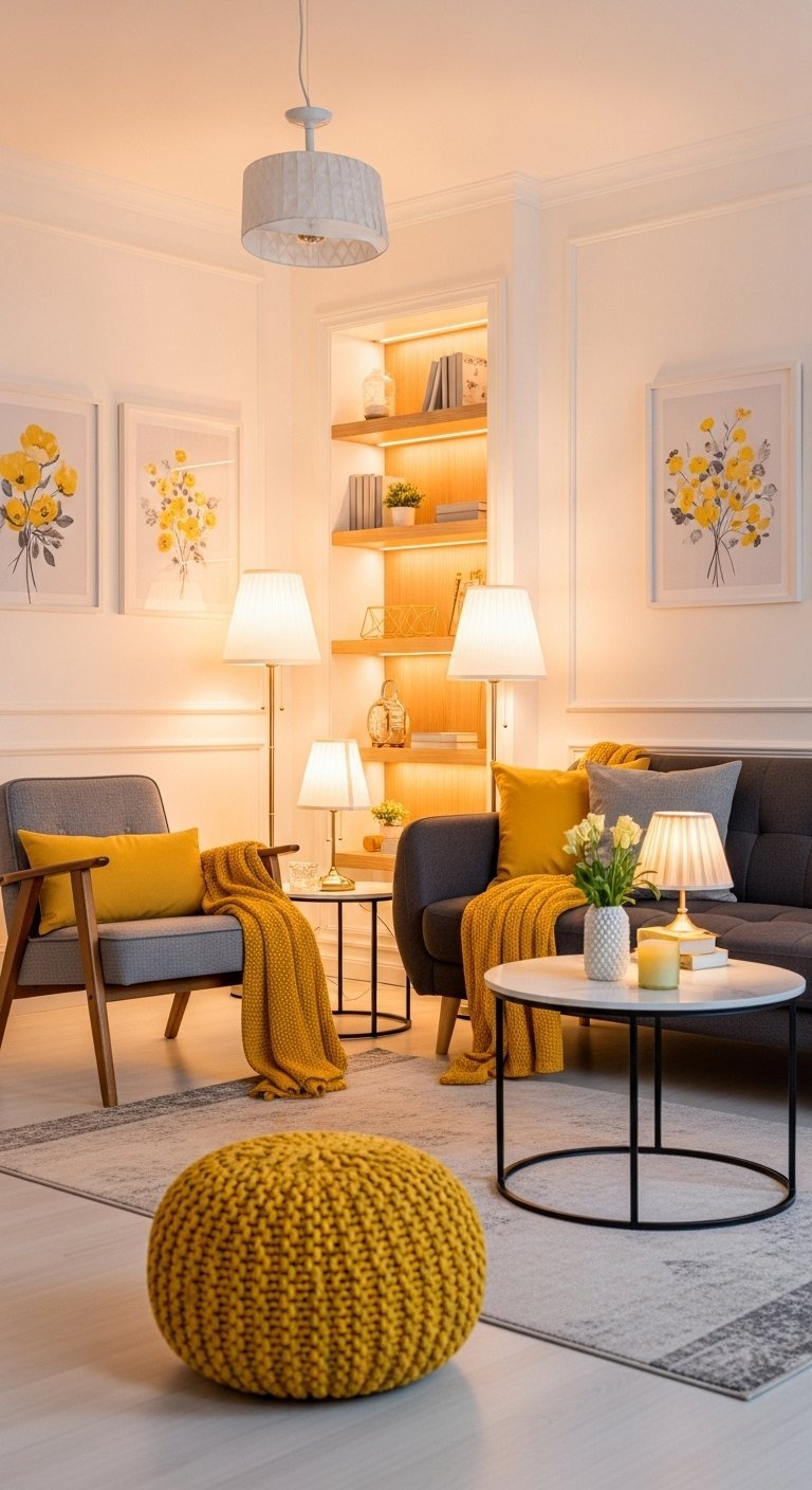 Salon lumineux avec murs blancs et niche eclairee et accents jaunes