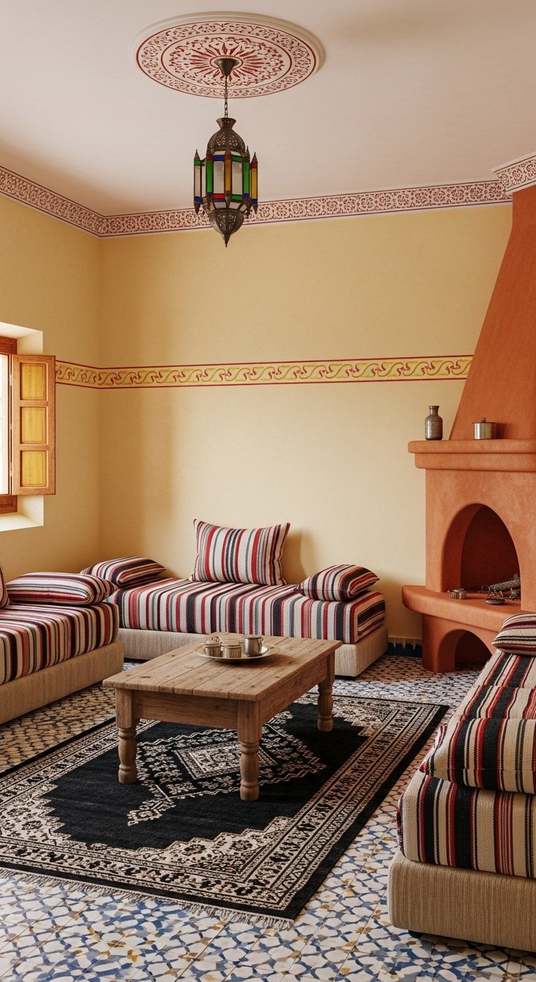 Salon marocain rustique avec cheminée en tadelakt et banquettes rayées