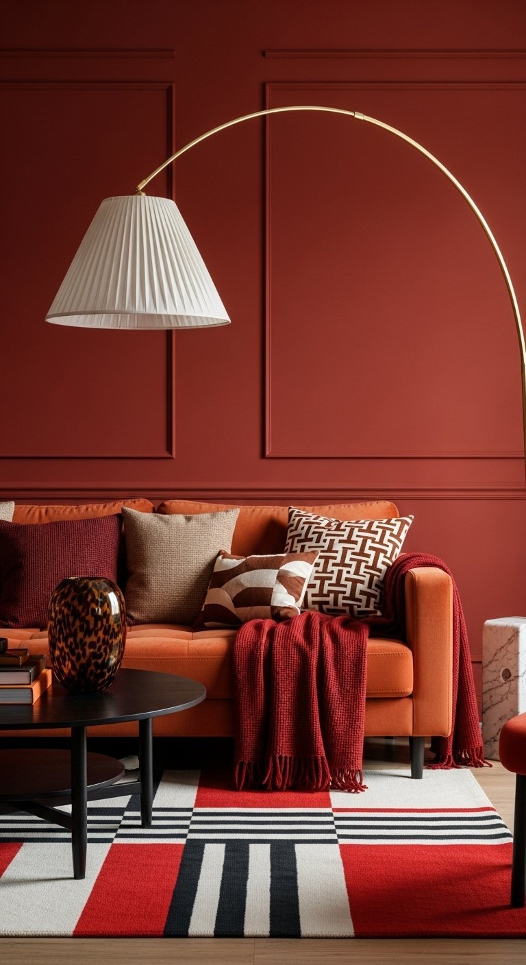 Salon monochrome terracotta avec canape orange tapis raye et grande lampe doree