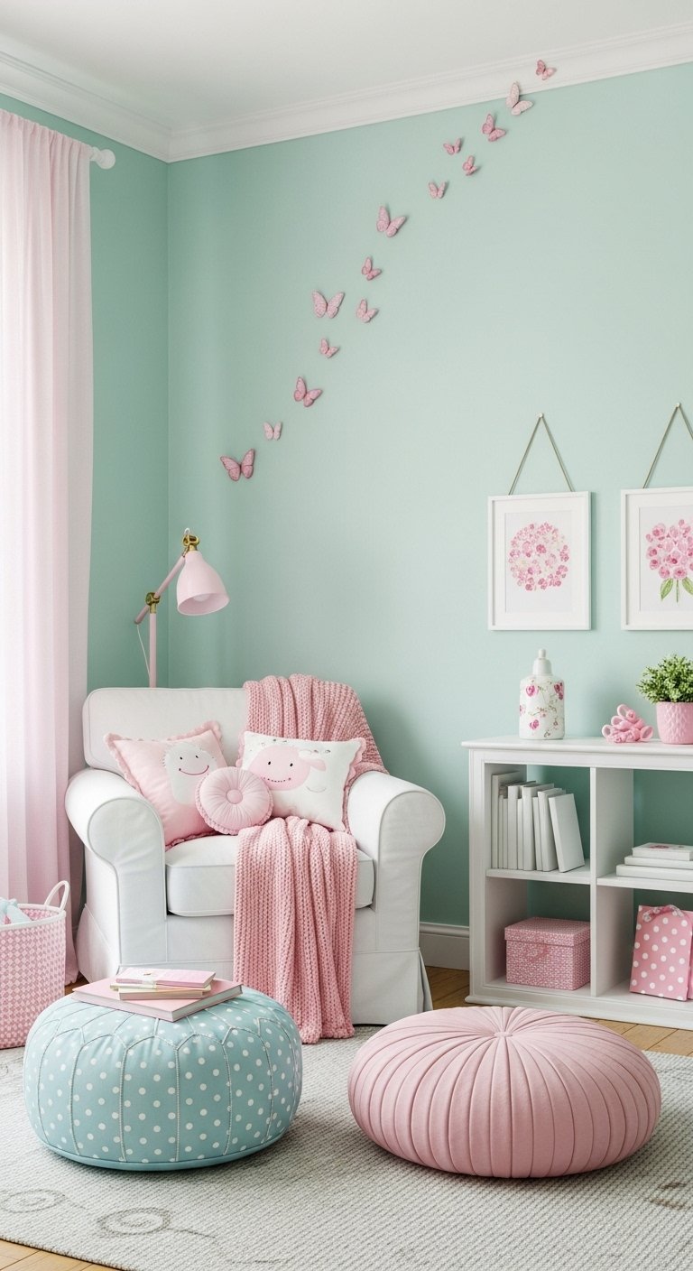 Salon pastel avec murs vert menthe et decoration rose