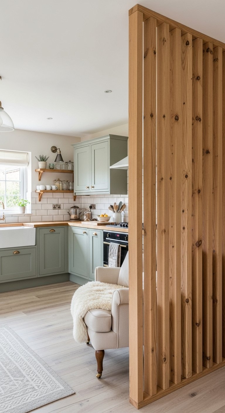 Séparation simple et verticale faite de tasseaux de bois brut près d une cuisine vert sauge