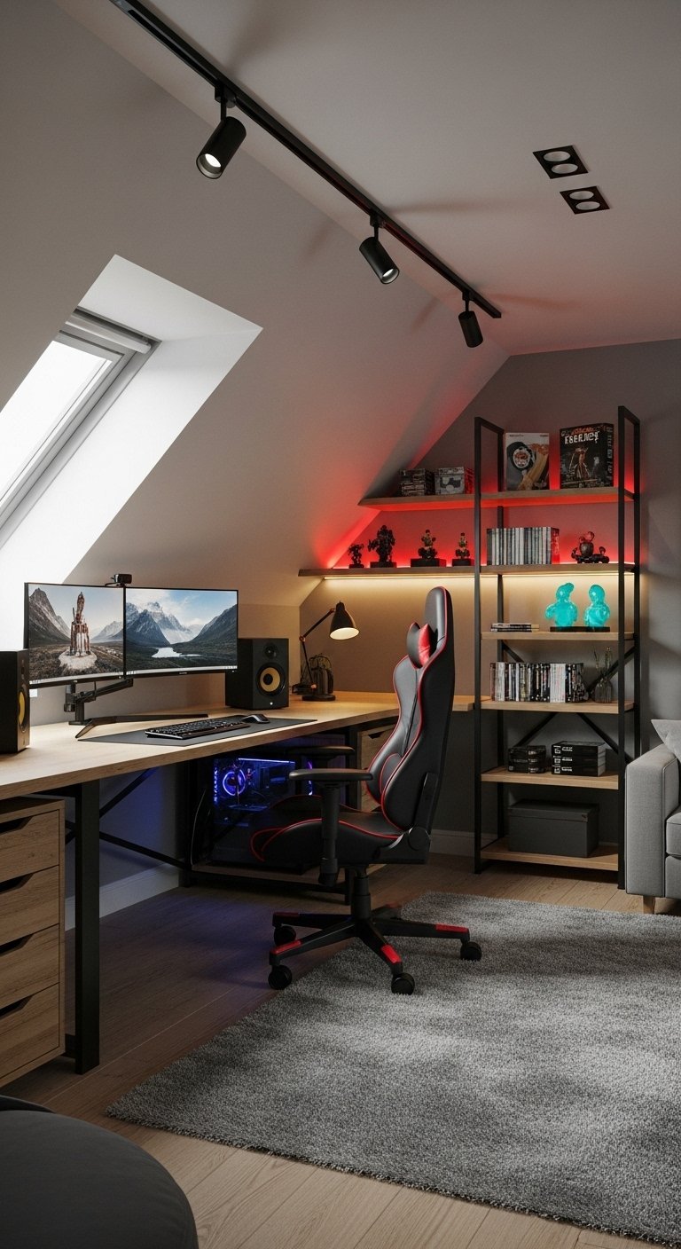 Setup de gaming dans un grenier avec double écran et éclairage LED rouge