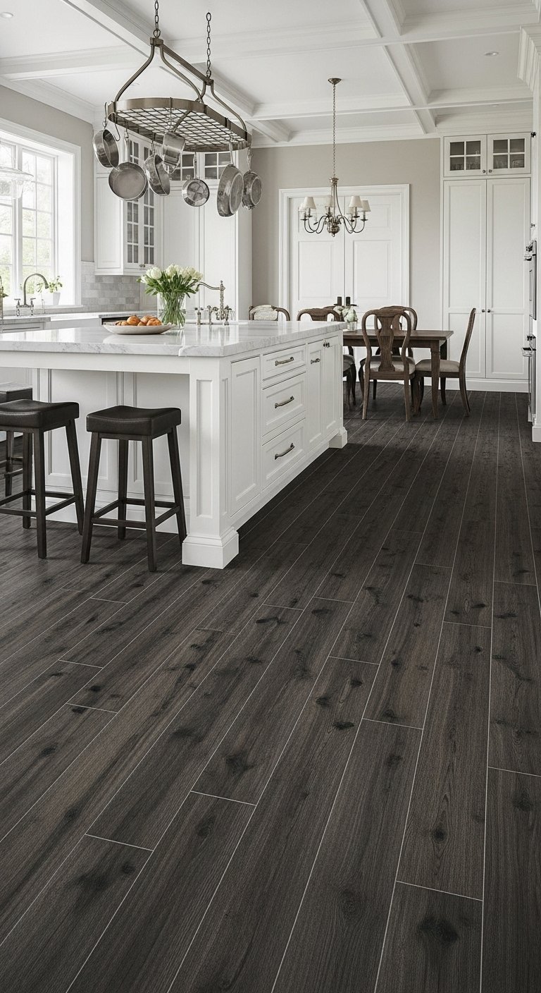 Sol de cuisine en carrelage imitation parquet bois fonce avec ilot blanc