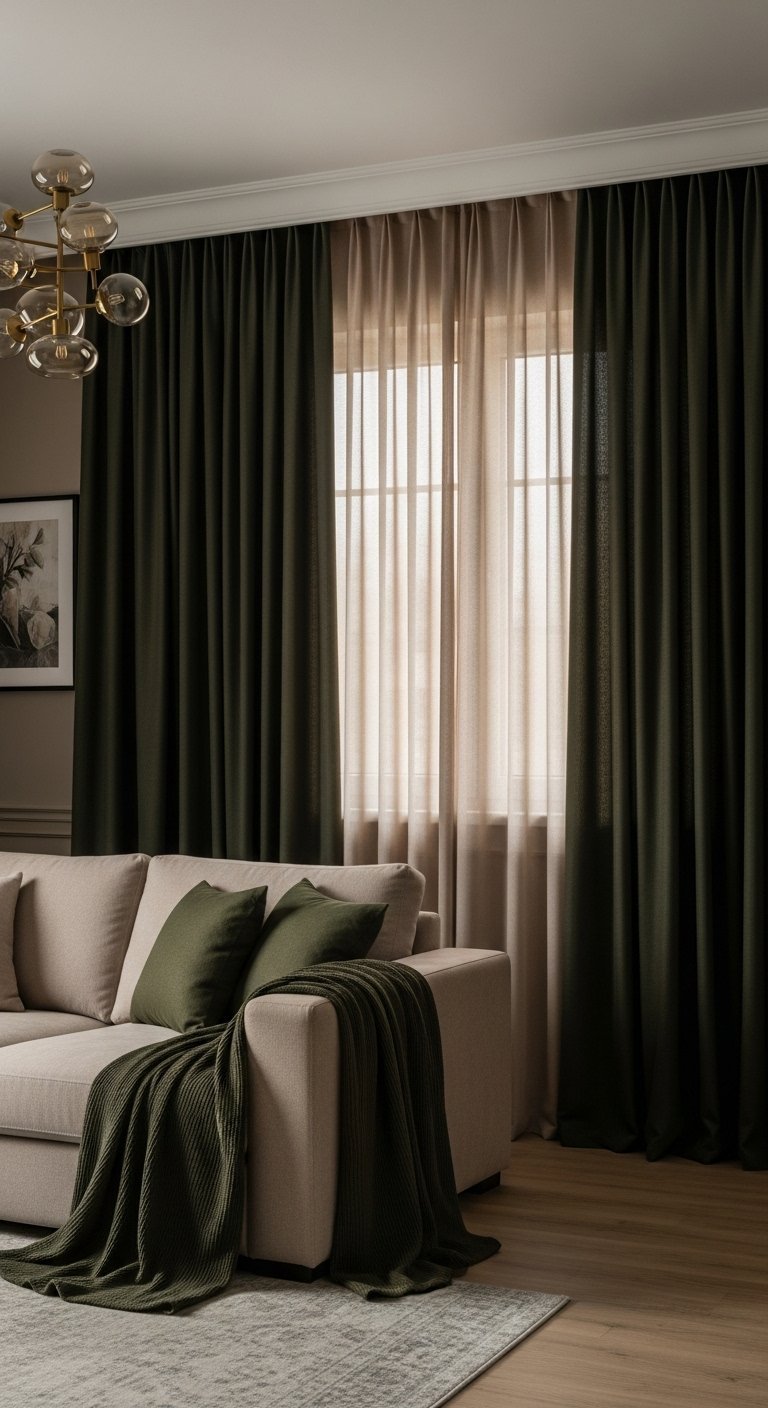 Superposition de rideaux vert foncé et d un voilage beige dans un salon élégant