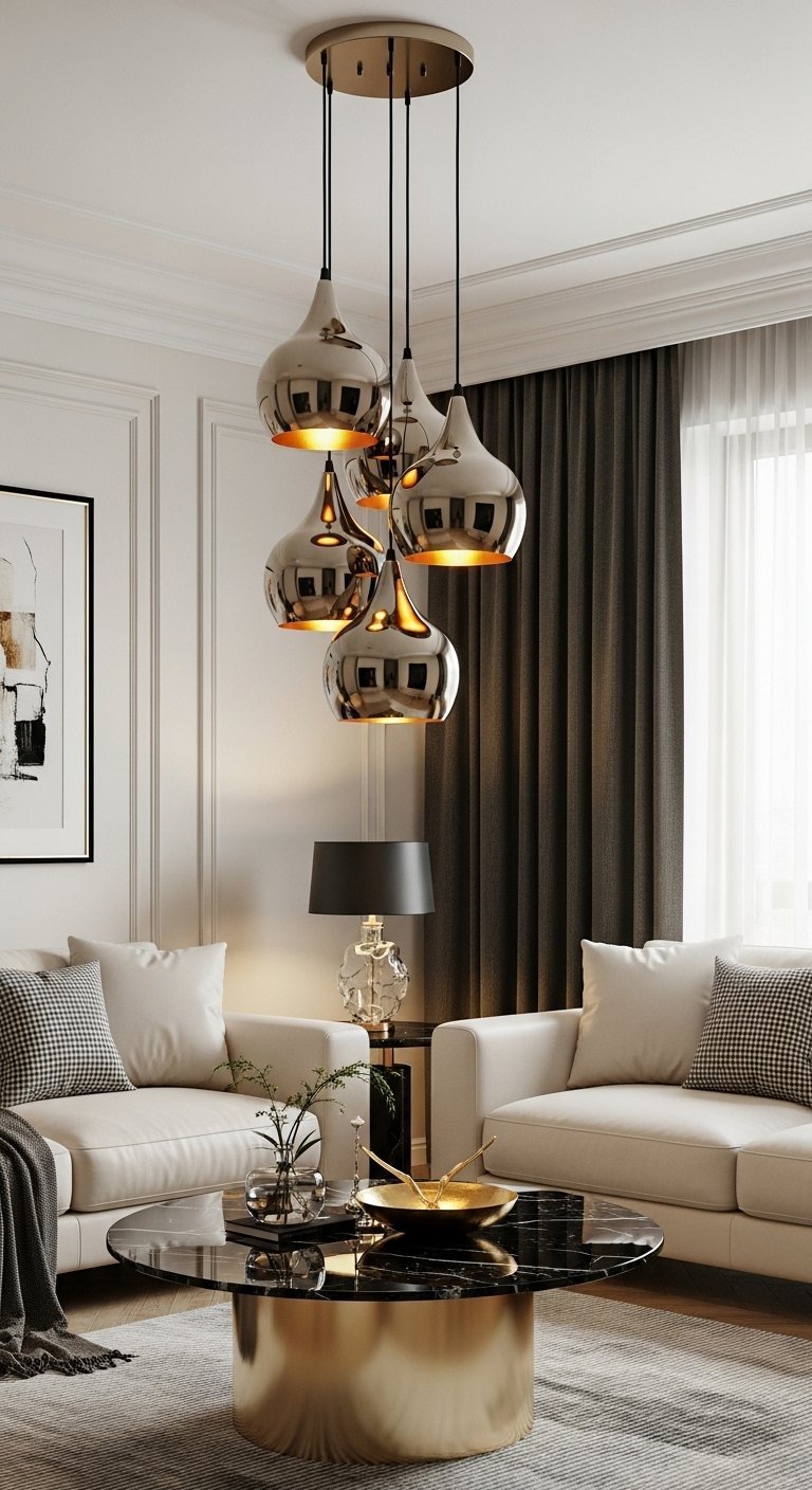 Suspension en grappe avec pampilles chromées au dessus d une table basse