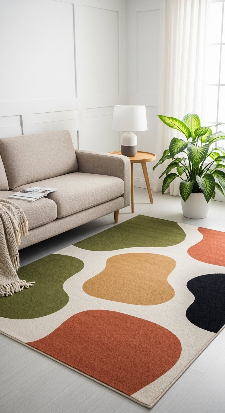 Tapis de salon moderne avec des formes organiques multicolores sur fond blanc