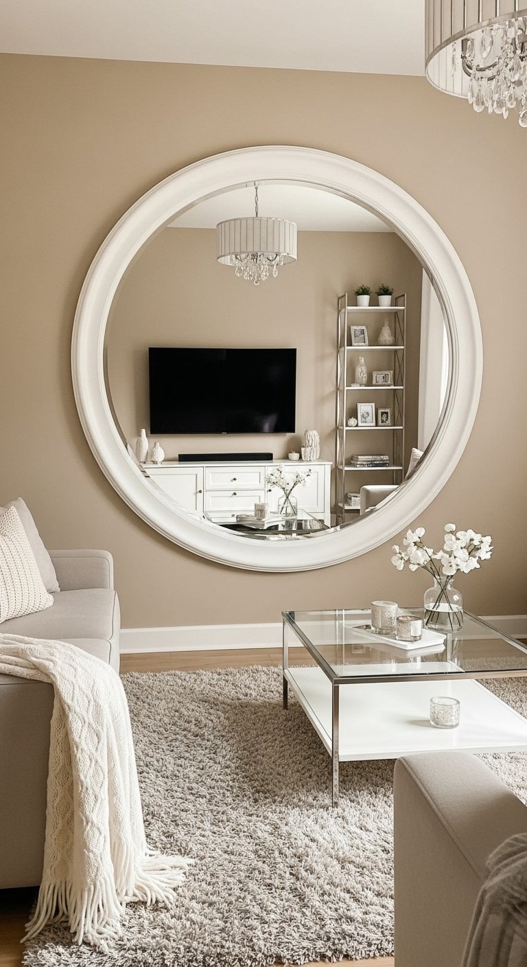 Très grand miroir rond avec un cadre blanc mouluré au dessus d un meuble TV blanc