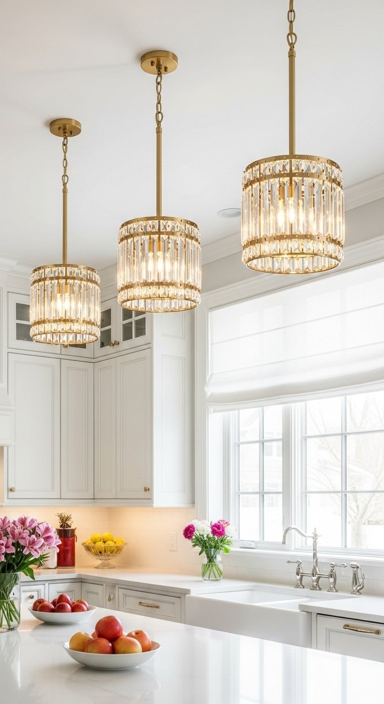 Trois suspensions luminaires en cristal et laiton sur un îlot de cuisine blanc