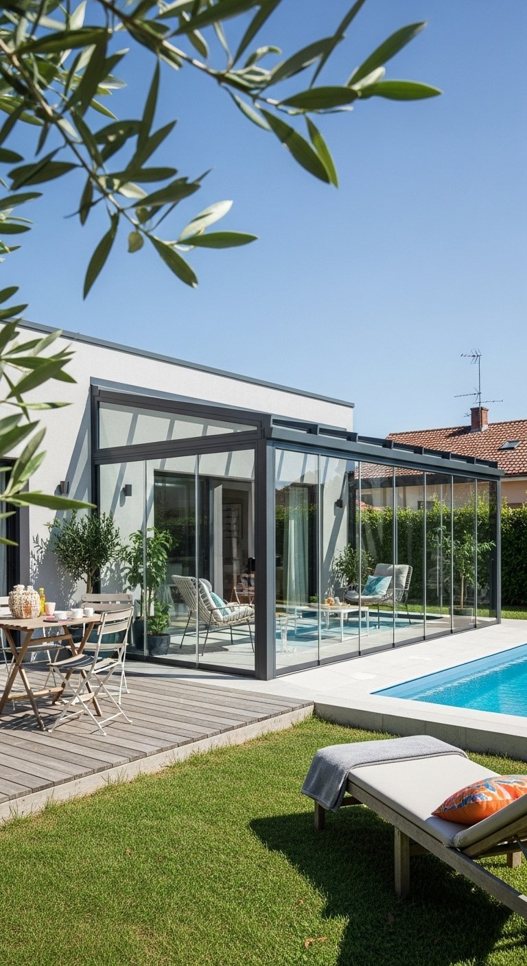 Véranda moderne entièrement vitrée au bord d une piscine et terrasse en bois