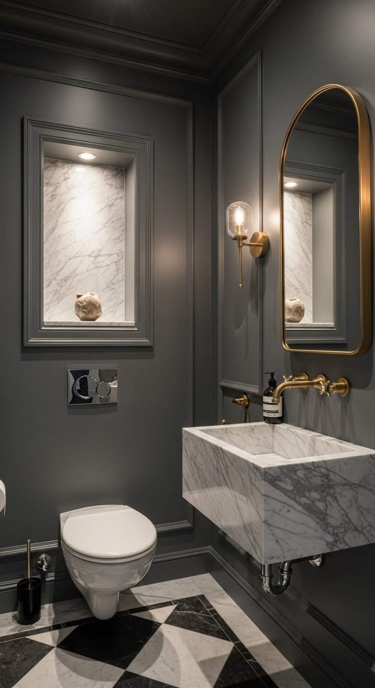 WC de luxe gris foncé avec lavabo en marbre et robinetterie dorée