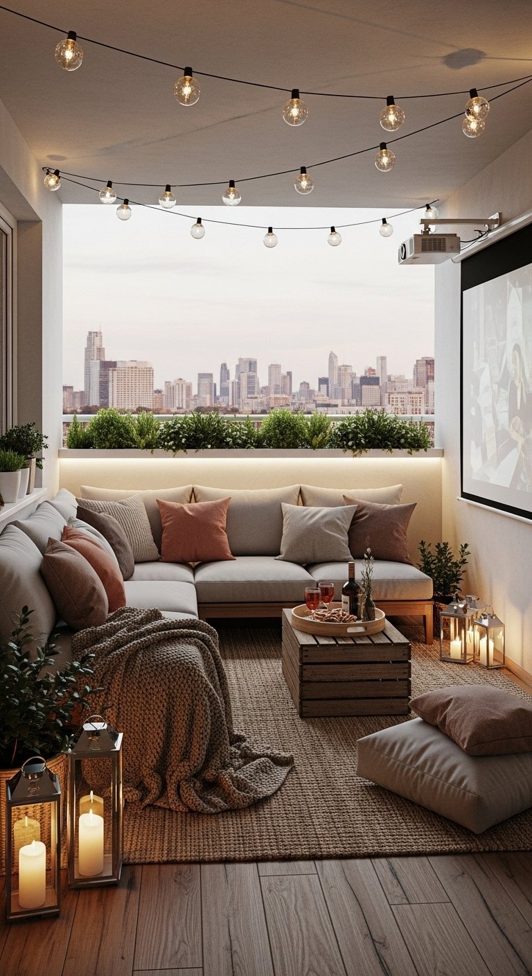 Aménagement de balcon pour un cinéma en plein air avec projecteur et canapé familial
